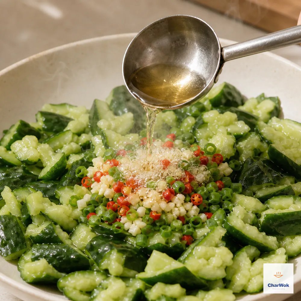 Shimmering hot neutral oil is poured over minced garlic, scallion, and three chopped red chillies in a small heatproof bowl, making the aromatics sizzle