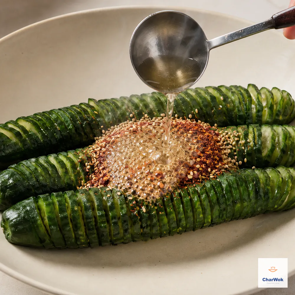 Very hot neutral oil is poured over ground Sichuan pepper, red chilli flakes, and toasted sesame seeds, creating a vivid bubbling mala spice bloom