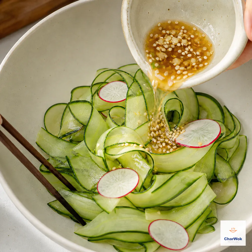 Long cucumber ribbons and exactly four thin radish rounds are being gently lifted through a glossy ginger, vinegar, soy, sesame oil, and honey dressing