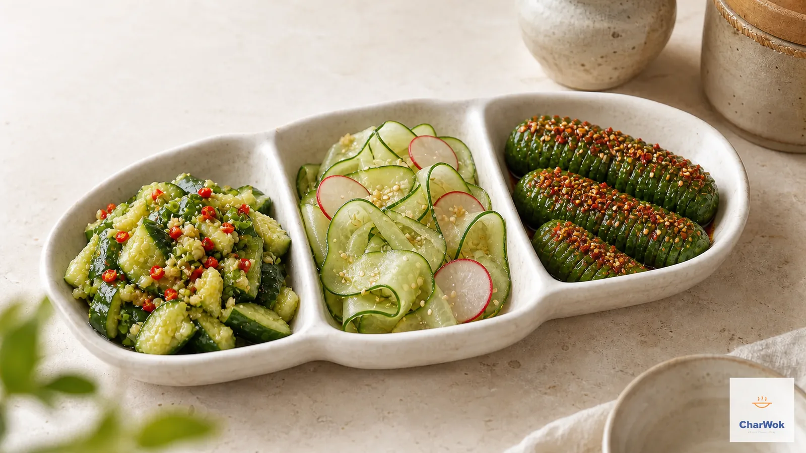 Three Chinese cucumber salads: smashed, ribbon-cut, and accordion-cut