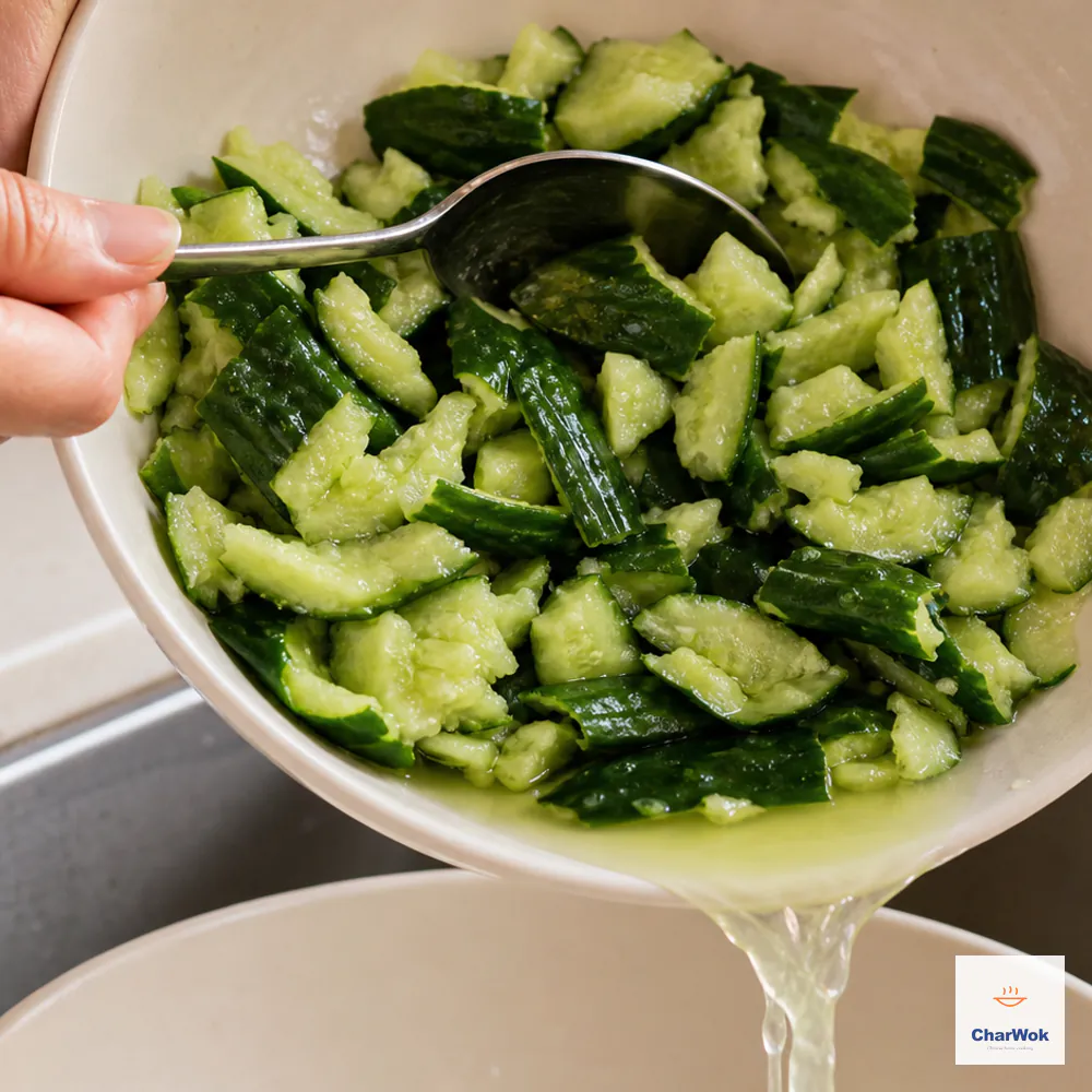 Salted smashed cucumber pieces glisten in a mesh colander above a bowl where released cucumber water has visibly collected