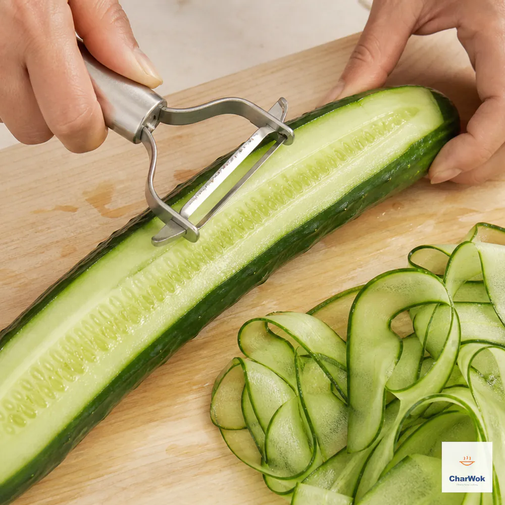A vegetable peeler shaves a large cucumber lengthwise into long translucent ribbons while the watery seed core remains intact and untouched
