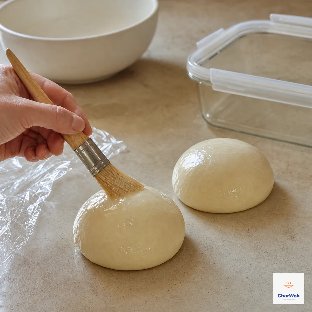 Exactly two equal smooth youtiao dough balls glisten on the counter as a brush coats the nearer one with neutral oil beside a lidded container and cling film