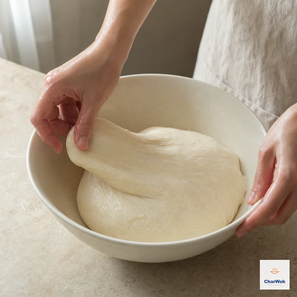 Lightly oiled hands lift and fold the edge of a smooth slack youtiao dough toward the centre in a cream bowl while the other hand rotates the bowl