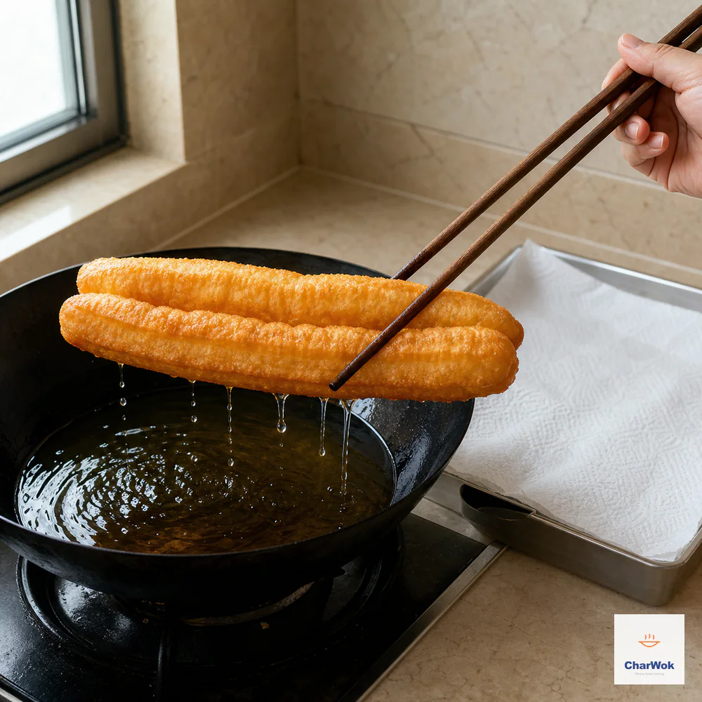 One fully expanded, evenly deep-golden two-lobed youtiao is lifted horizontally from the oil as clean droplets fall back into the wok beside a paper-lined tray