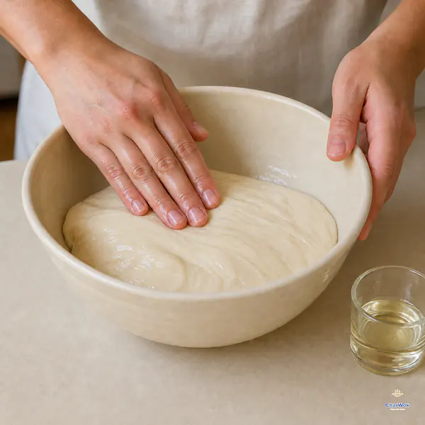 Clean fingertips rub a thin sheen of neutral oil over smooth slack youtiao dough still low in its bowl, with no flour or dry crust anywhere