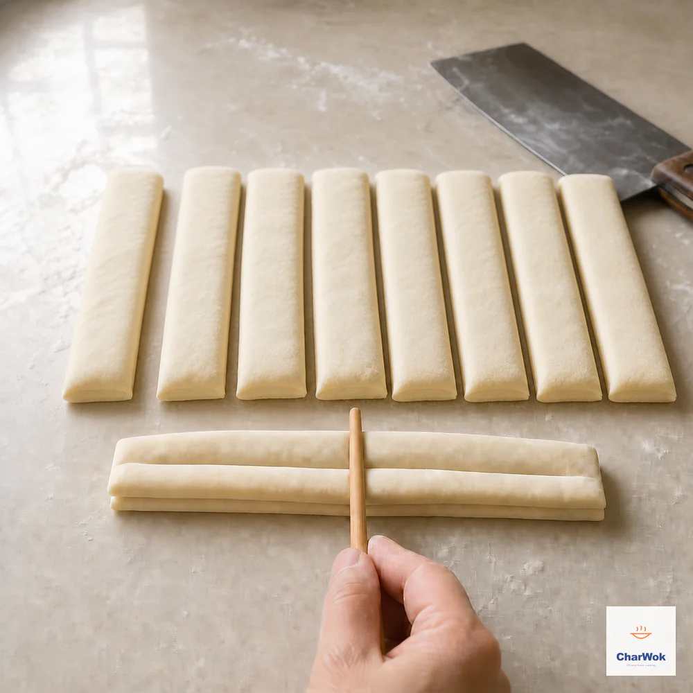 Eight separate equal dough strips wait behind exactly two stacked strips while one wooden chopstick presses a continuous lengthwise crease down their centre