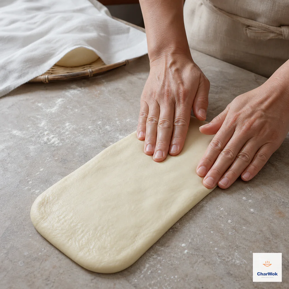 Relaxed fingertips gently press one supple youtiao dough portion into a neat elongated rectangle on a very lightly floured stone board without a rolling pin