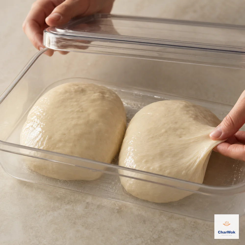 A clear lid lifts from exactly two rested oiled dough portions while one edge stretches easily from a gentle fingertip pull without a dry skin