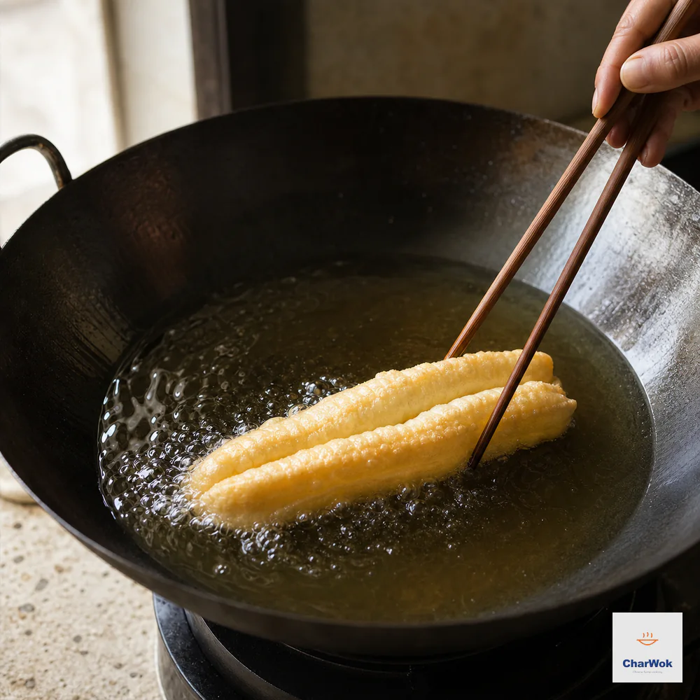 Exactly one pale-golden two-lobed youtiao rapidly blisters and expands at the oil surface while long wooden chopsticks roll it continuously