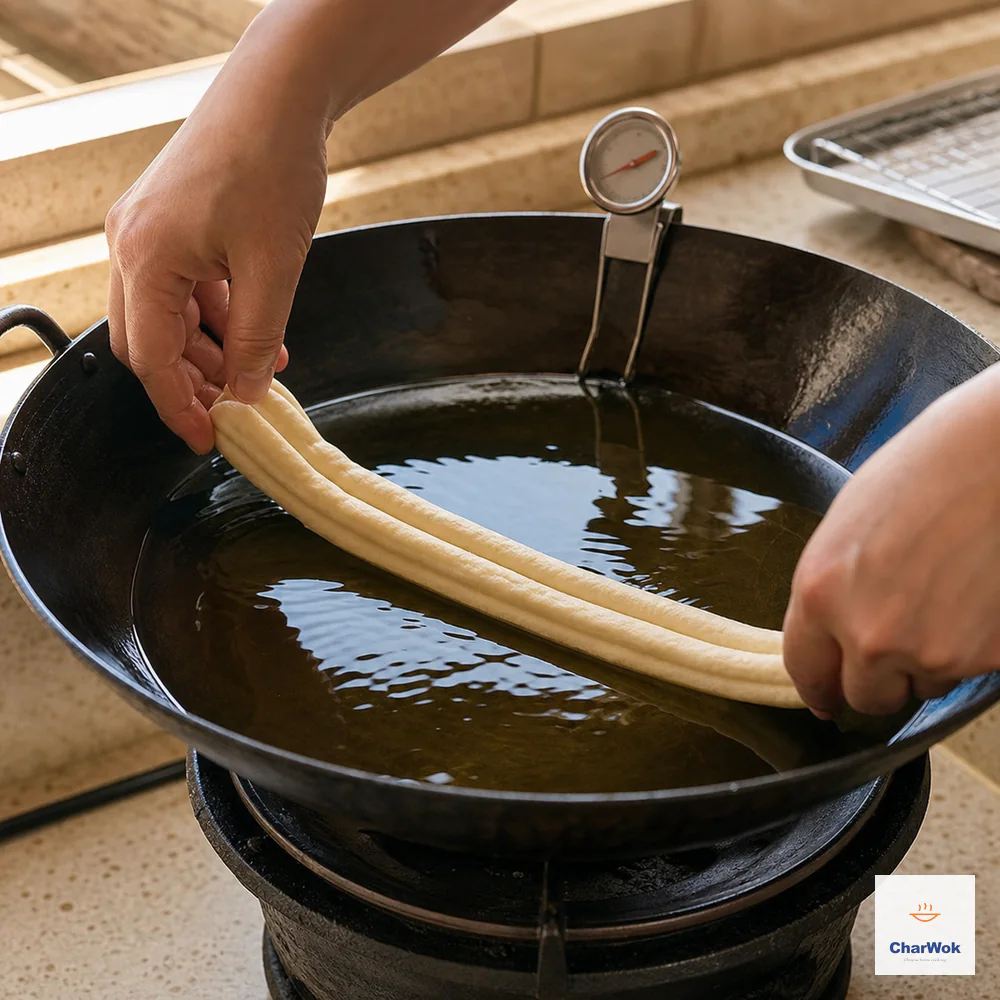 Two hands gently stretch one raw bonded youtiao pair close above shimmering deep oil in a dark wok while a clip-on thermometer sits at the high-frying zone
