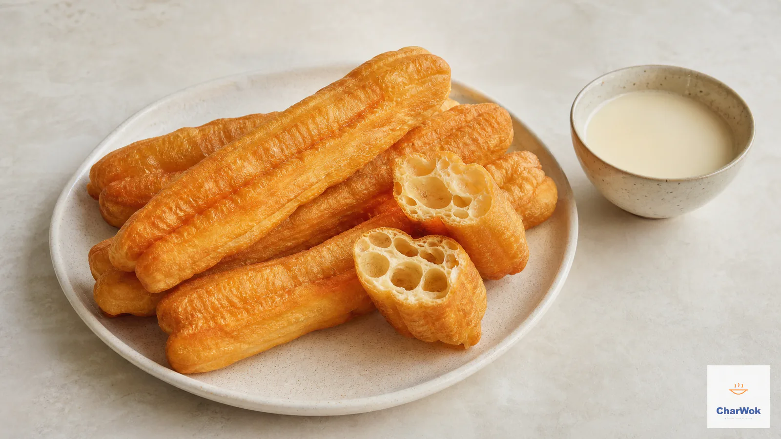 Deep-golden airy Chinese youtiao with a crisp two-lobed shell
