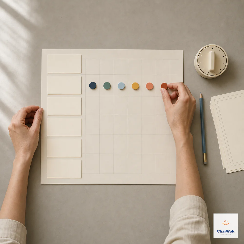 Two hands arrange exactly six blank recipe cards and six coloured markers across a clean gridded planning sheet beside a kitchen timer