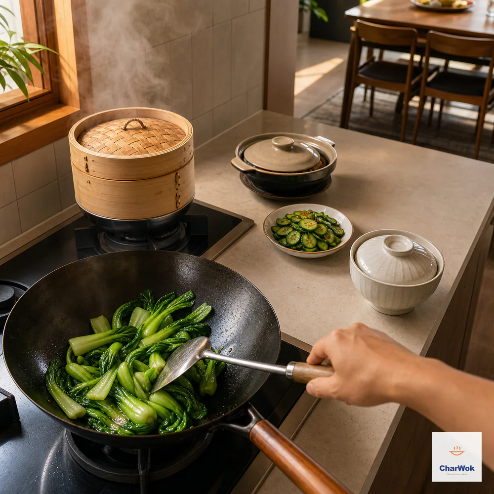 One hand stir-fries vivid bok choy in the only active wok while a covered steamer, braise, cucumber salad, and lidded soup wait ready beside the dining room