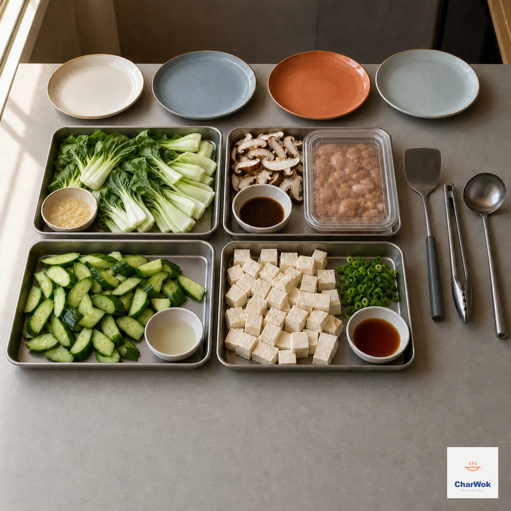 Four separate prep trays group bok choy and garlic sauce, sealed chicken with mushrooms and marinade, cucumber with dressing, and tofu with scallion and soy, aligned with four serving plates