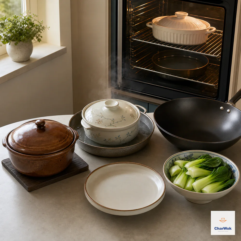 Covered braise and soup are held gently beside a covered oven dish and water pan, while raw bright bok choy and an empty wok wait to be cooked last