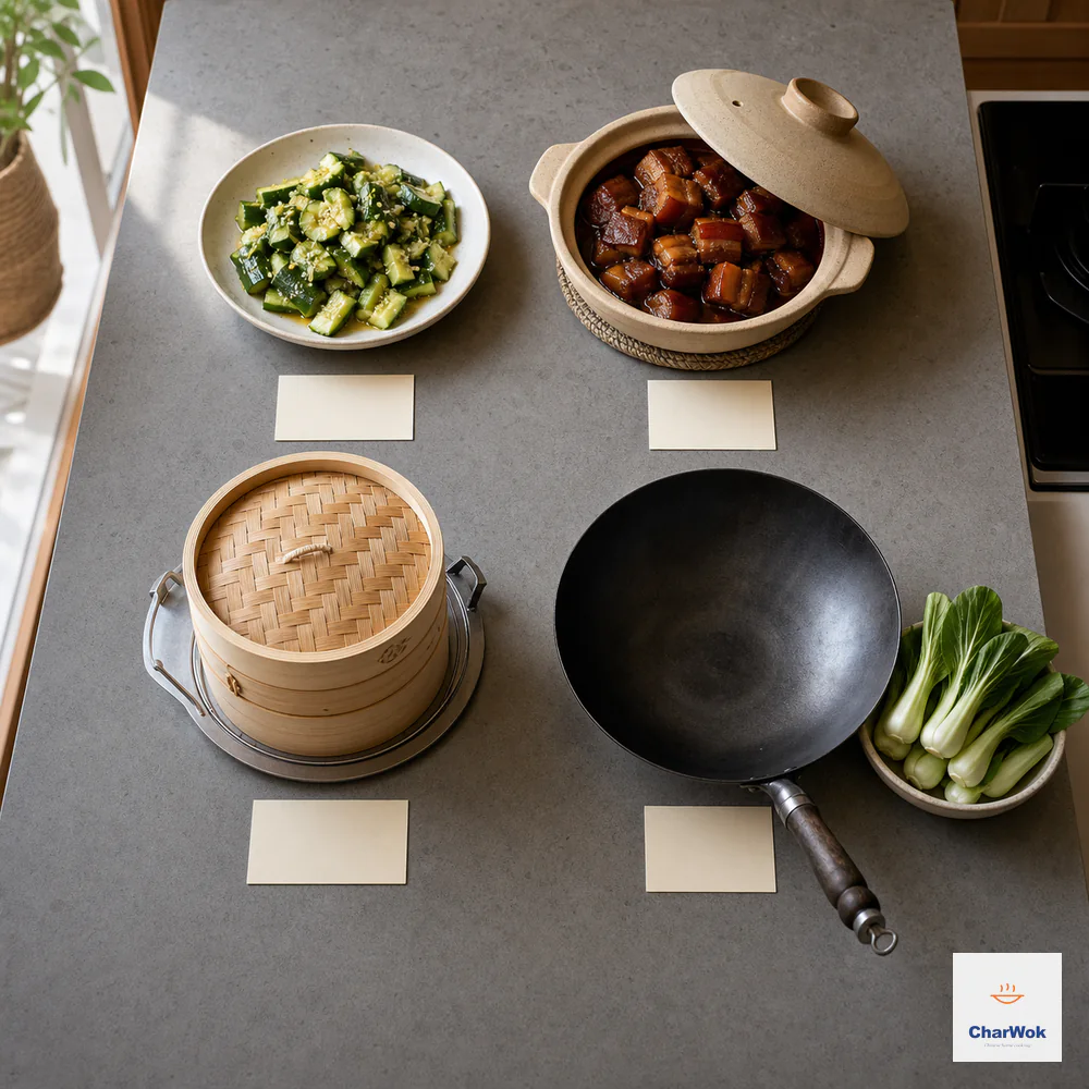 Four blank planning cards separate a ready cold cucumber salad, covered red-braised pork, a closed two-tier bamboo steamer, and an empty wok beside washed bok choy