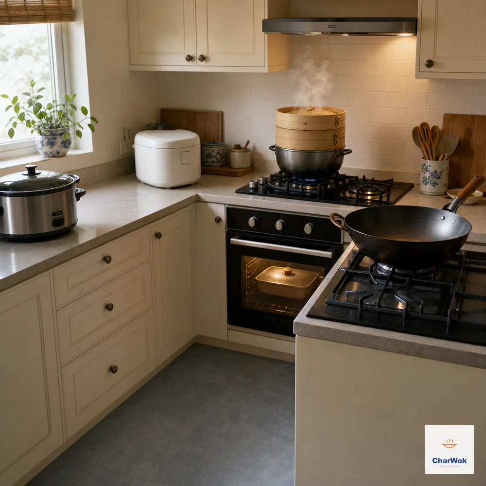A coordinated home kitchen uses a closed slow cooker, rice cooker, two-tier bamboo steamer over one burner, covered oven dish, and one empty carbon-steel wok