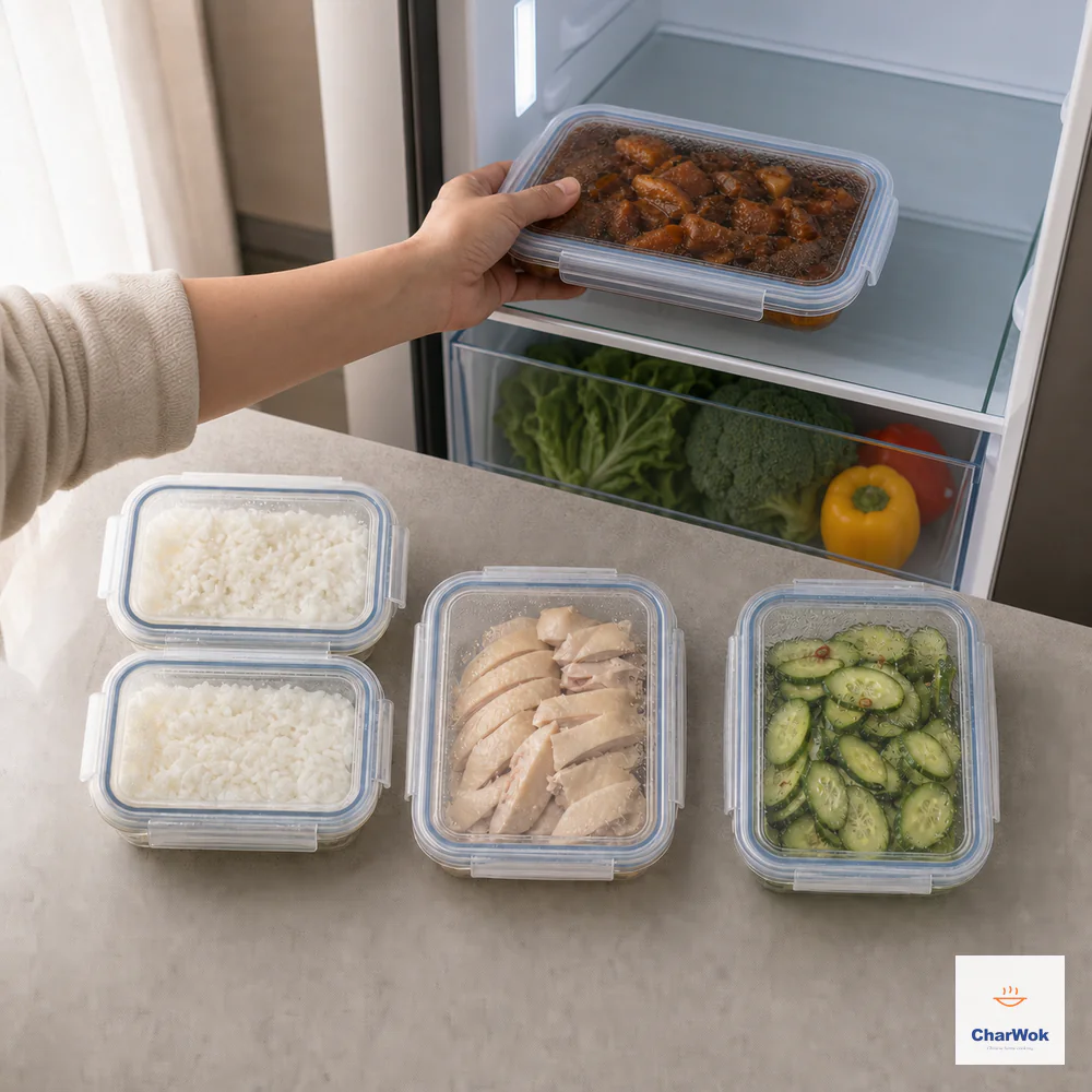 A hand places sealed braised meat on a refrigerator shelf beside sealed portions of rice, cooked chicken, and cucumber salad