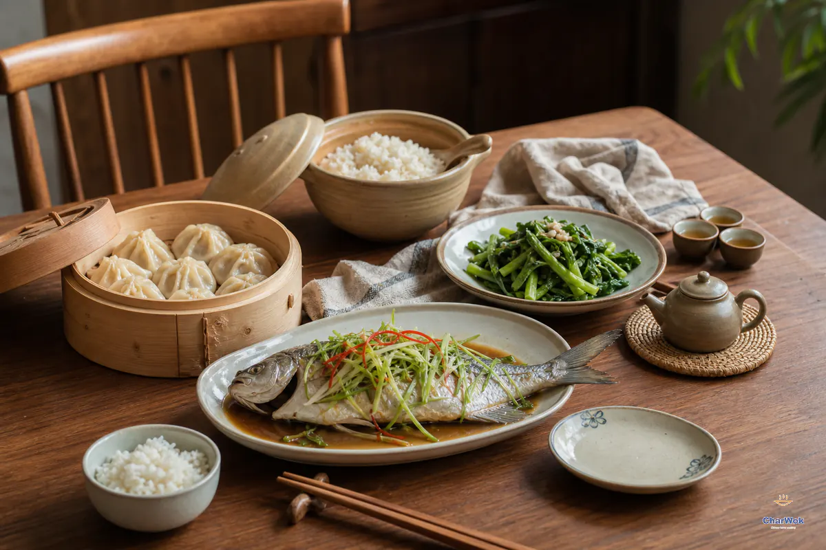 A Chinese family table with steamed fish, dumplings, rice, vegetables and tea