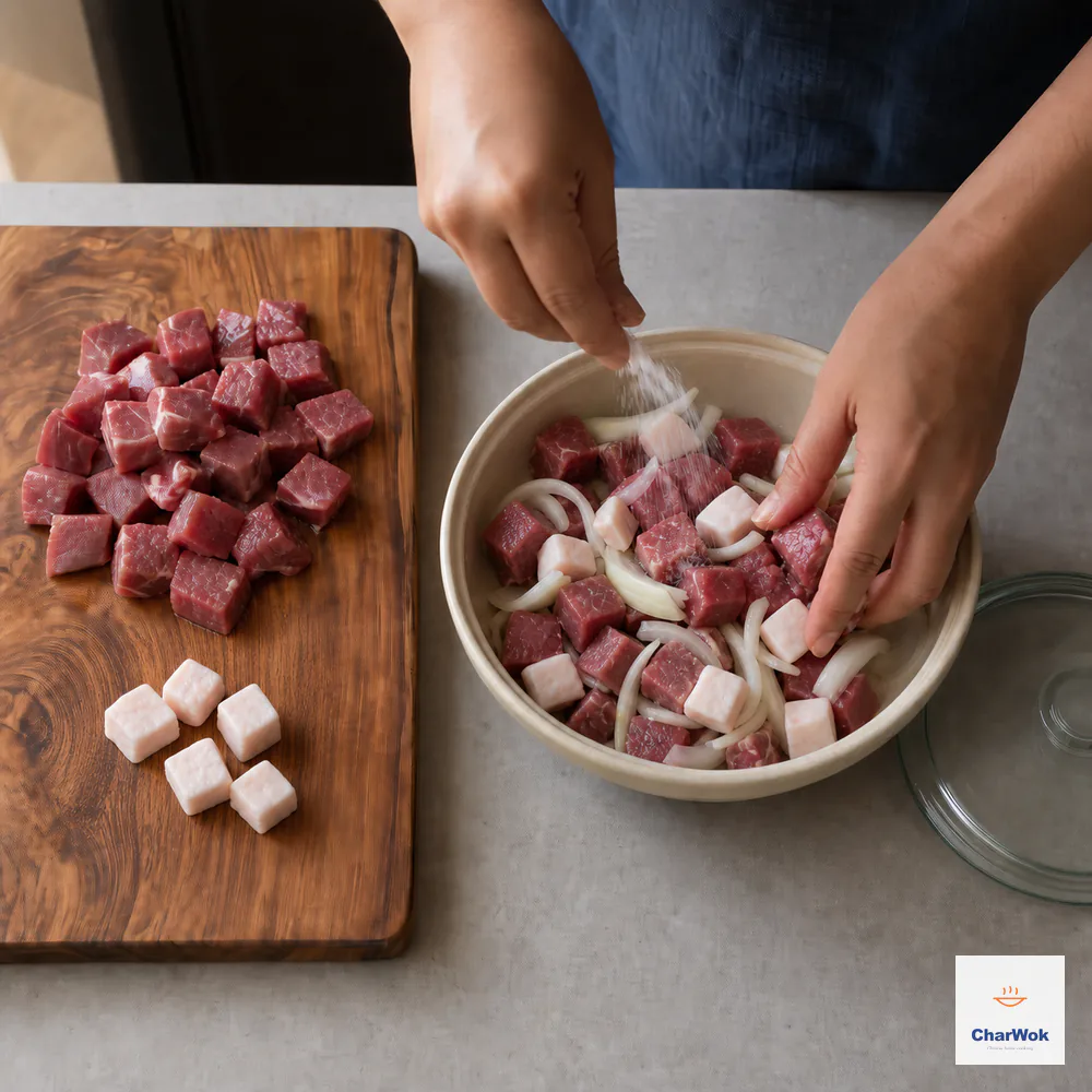 Hands toss separate lean and fatty raw lamb cubes with thin onion slices and salt in a bowl while more lean and fat cubes remain separated on the cutting board