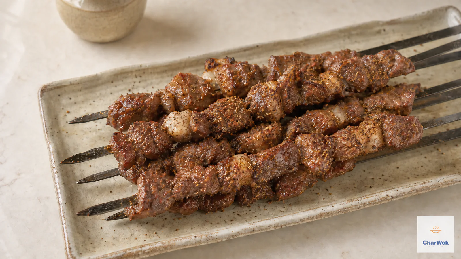 Cumin-and-chili Chinese lamb skewers with browned lean and fatty lamb pieces