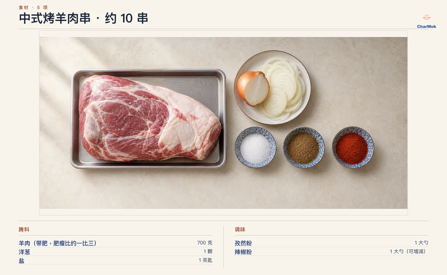 新疆风味羊肉串简中食材图：肥瘦约一比三的羊肉 700 克、只供腌制且烤前拿掉的洋葱 1 颗、盐 1 茶匙、孜然粉 1 大勺，以及可增减的辣椒粉 1 大勺
