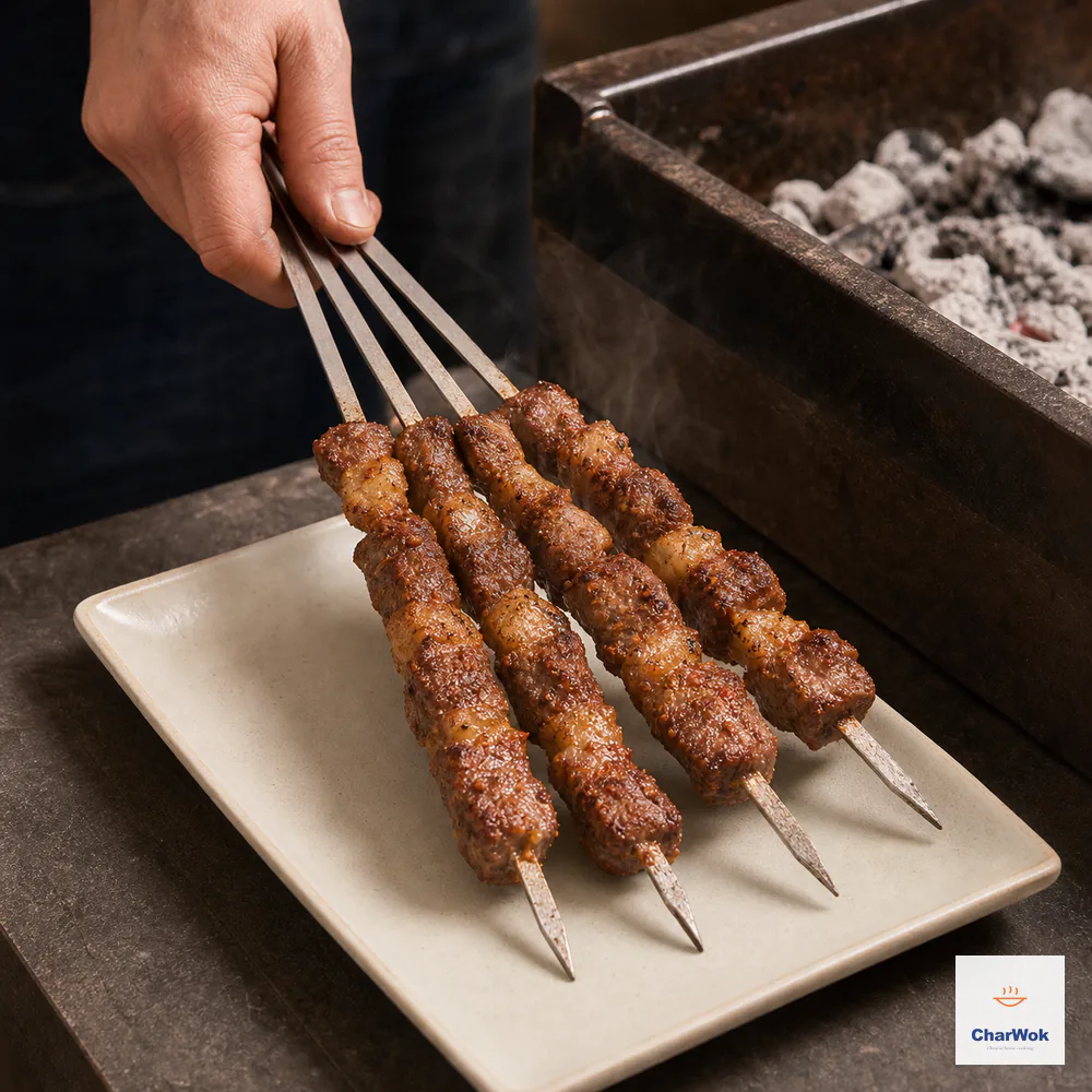 A hand lifts evenly browned cumin-and-chili lamb skewers with no pink surface or onion from the charcoal grill toward a clean ivory platter