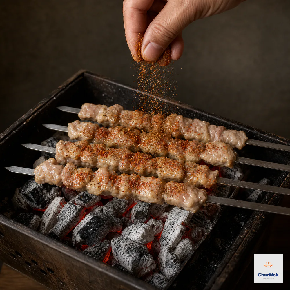 A raised hand sprinkles ground cumin and red chili evenly over pale, oil-sheened lamb skewers above glowing charcoal with no open flame