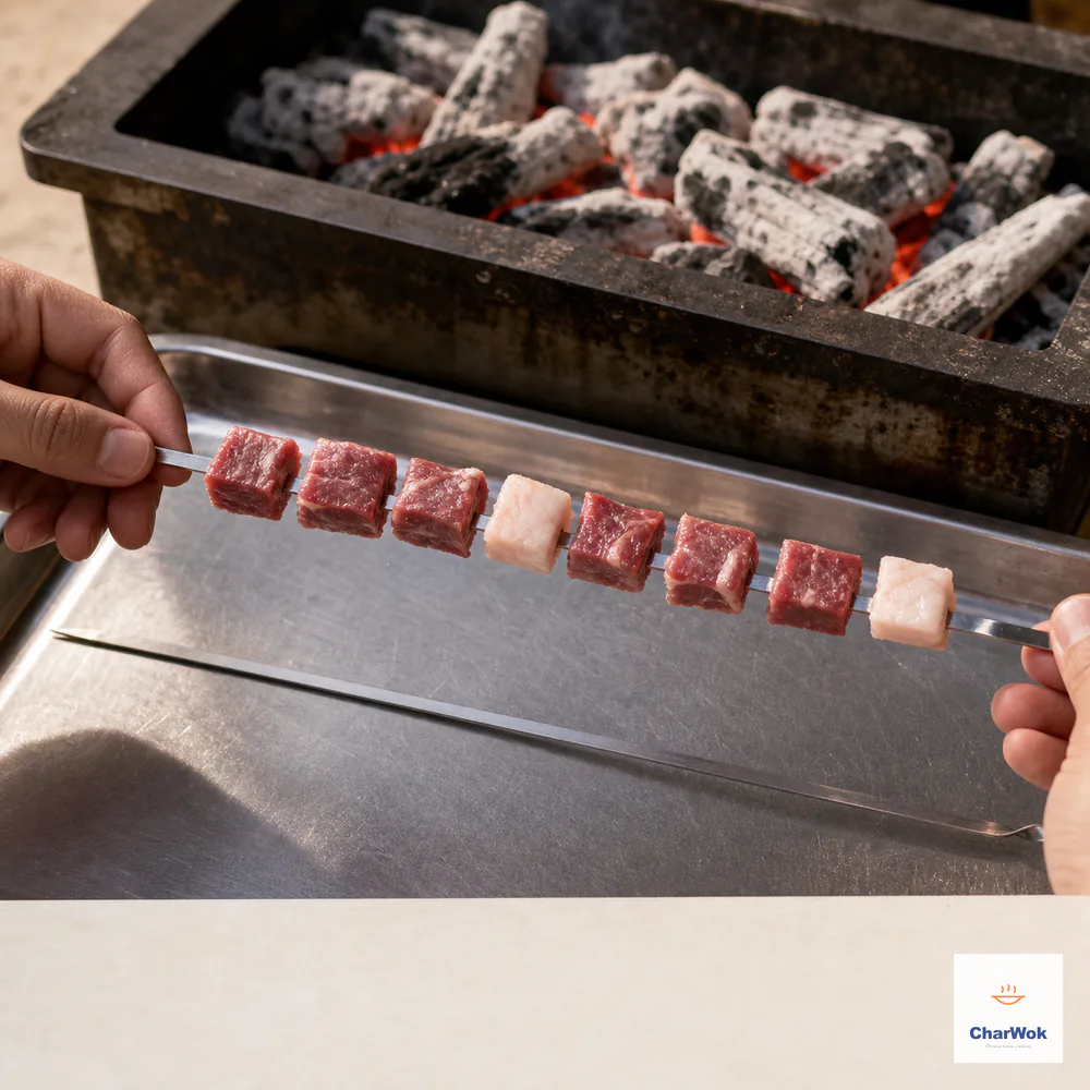 A metal skewer is threaded with exactly eight raw lamb cubes—six lean and two fat—in a loose alternating pattern with small gaps, beside ready white-ash coals and no onion