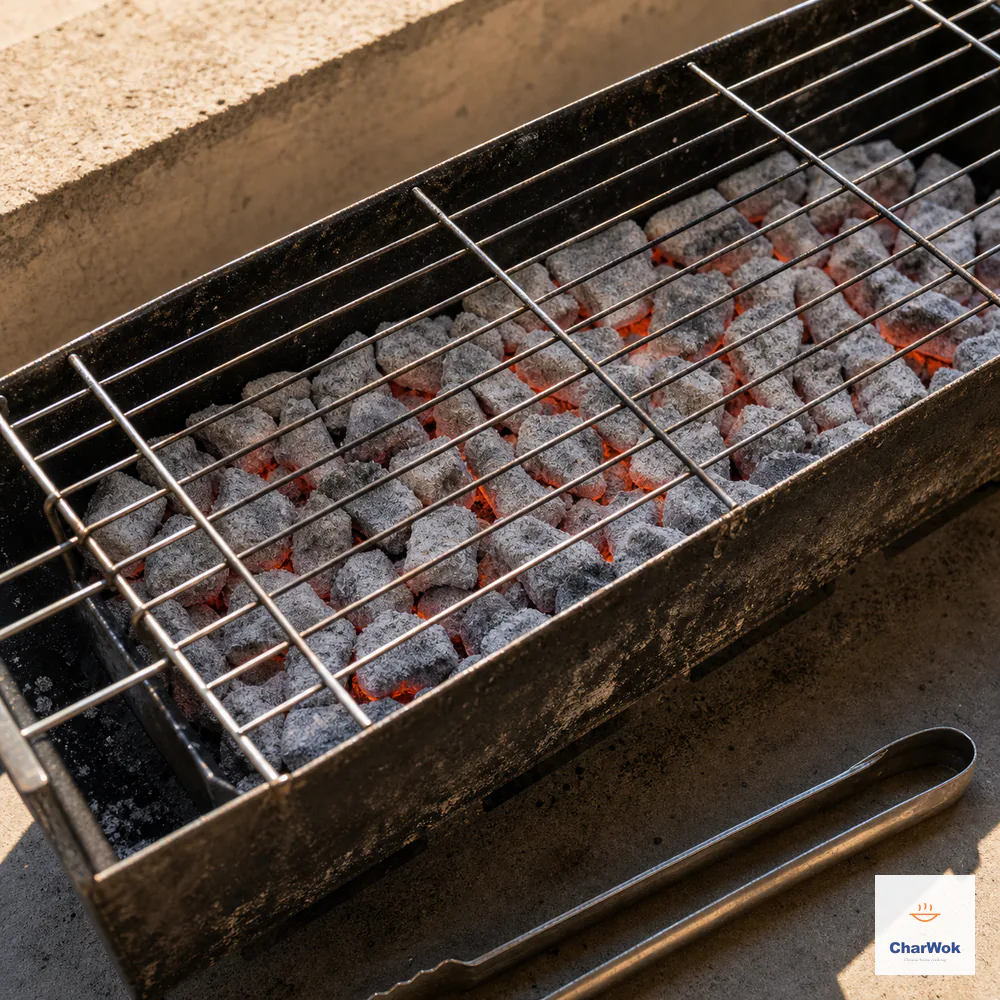 A narrow charcoal grill holds evenly spread coals covered in white ash with red glow visible through the cracks and no open flame