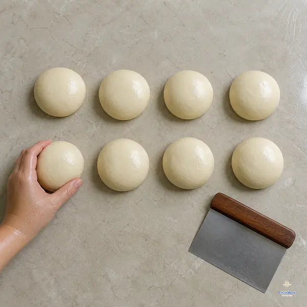 Exactly eight equal smooth soft dough portions sit in two rows of four on a lightly oiled flour-free counter while one hand finishes rounding one portion