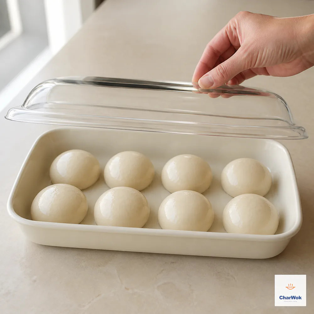 Exactly eight equal smooth dough balls with a thin oil sheen sit in two rows of four as a clear cover is lowered over the tray
