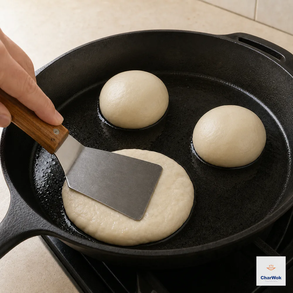 A metal spatula presses one of exactly three raw seam-down stuffed dough balls into a thick round disc in a thin film of oil