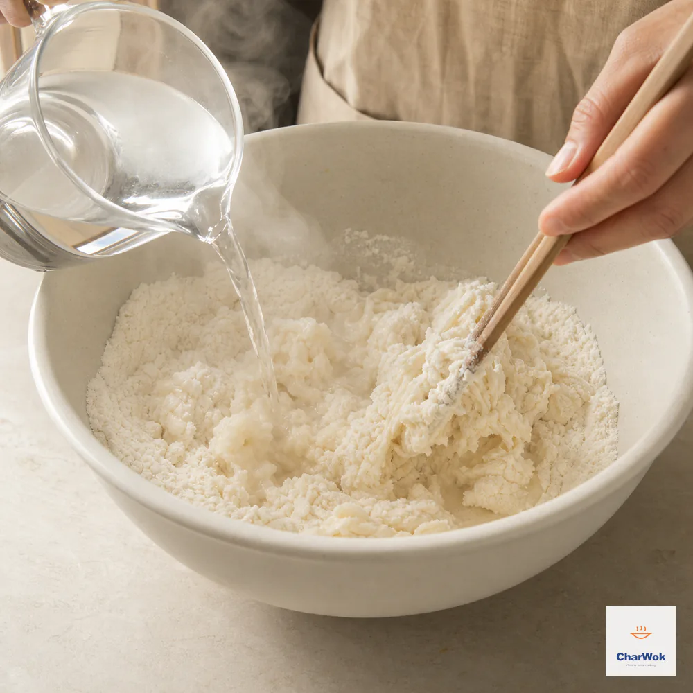 Just-boiled water pours into flour while wooden chopsticks immediately lift shaggy partially cooked flakes, with dry patches still visible
