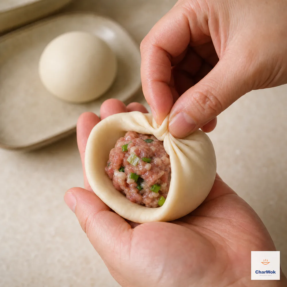 Two hands cup one wrapper around sticky raw pork filling and gather tight pleats toward a nearly closed seam, with a smooth seam-down pie behind
