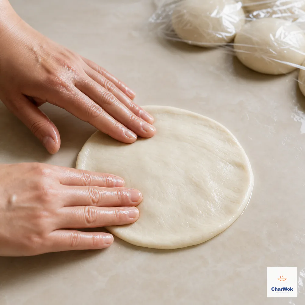 Oiled fingertips press one soft dough ball into a seamless round wrapper with a visibly thin flexible edge and slightly thicker center