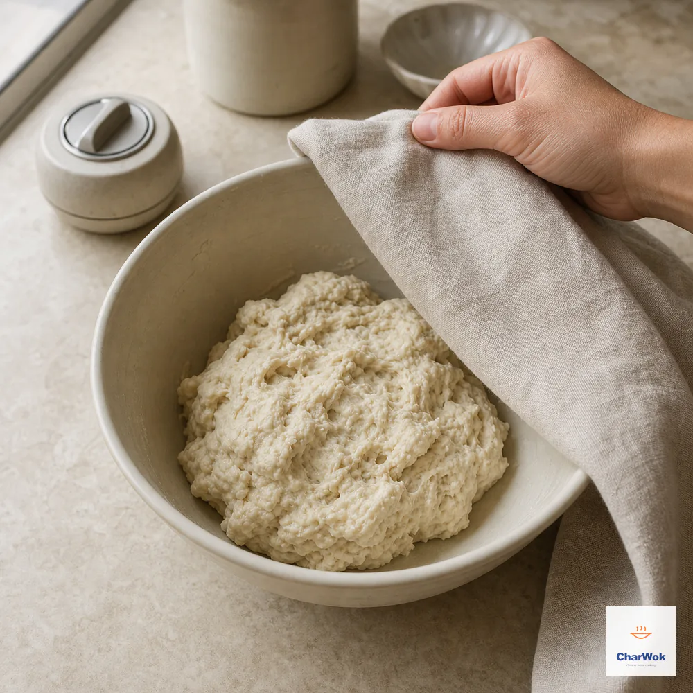 A hand lowers a damp linen cloth over one deliberately rough soft dough mass in an ivory bowl, with no flour dust or active kneading