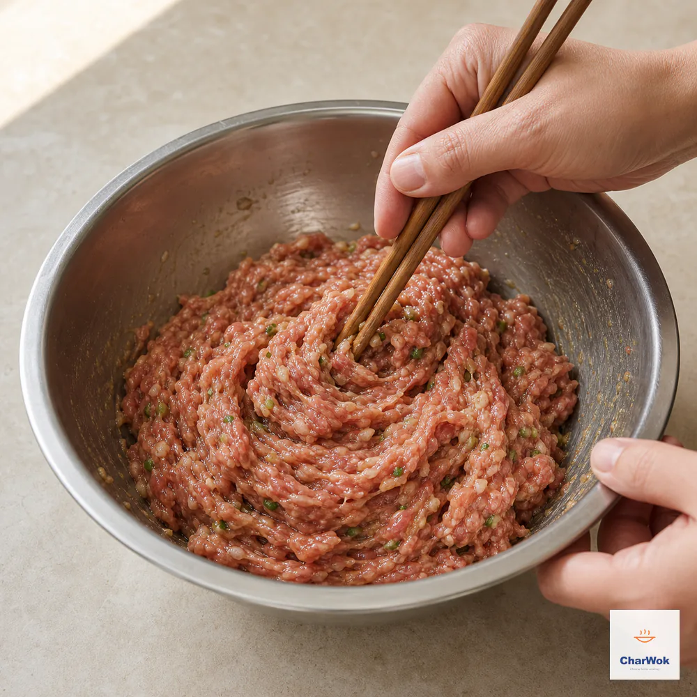 Chopsticks stir raw pork, scallion, ginger, soy, sesame oil, peppers, and stock in one direction until glossy and sticky with no liquid pool