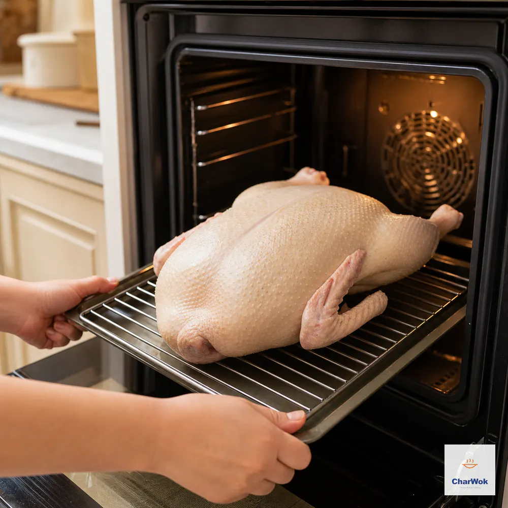 An intact whole duck with taut dry skin is slid breast-up on a wire rack into a clean home oven above a shallow drip tray