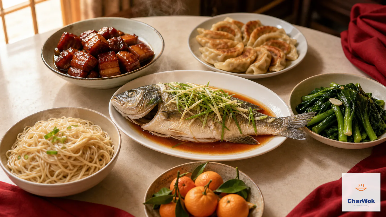 Chinese New Year feast with whole fish, braised pork, dumplings, greens, noodles, and mandarins