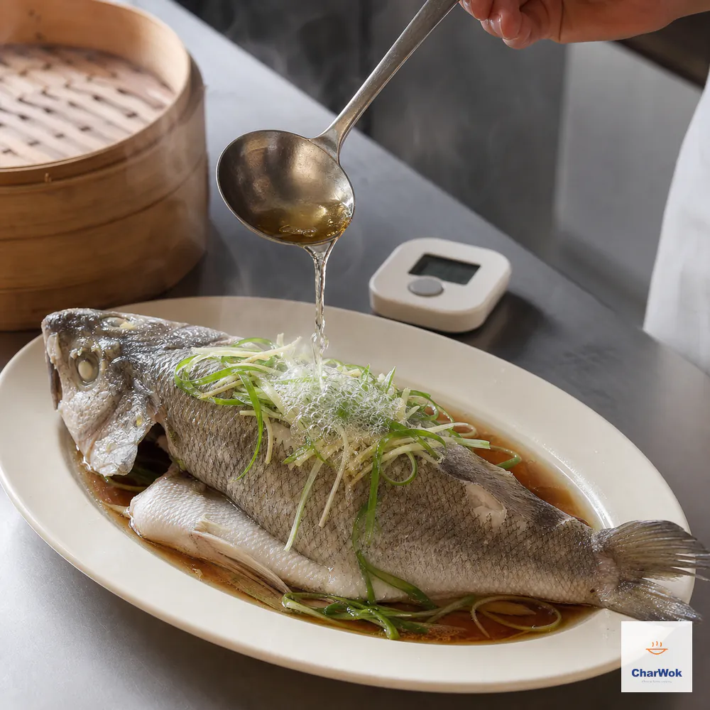Hot neutral oil bubbles over fine scallion and ginger on one intact whole steamed fish beside an open bamboo steamer