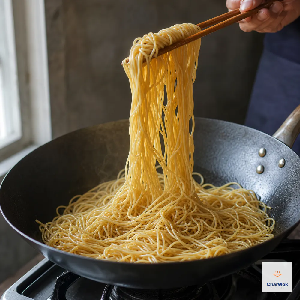 Long uncut pale-golden yi mein strands are lifted from a carbon-steel wok after absorbing nearly all of a light savoury stock