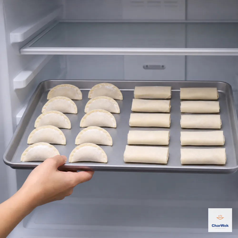 An uncovered metal tray of separated uncooked crescent dumplings and sealed spring rolls is slid onto a clean freezer shelf