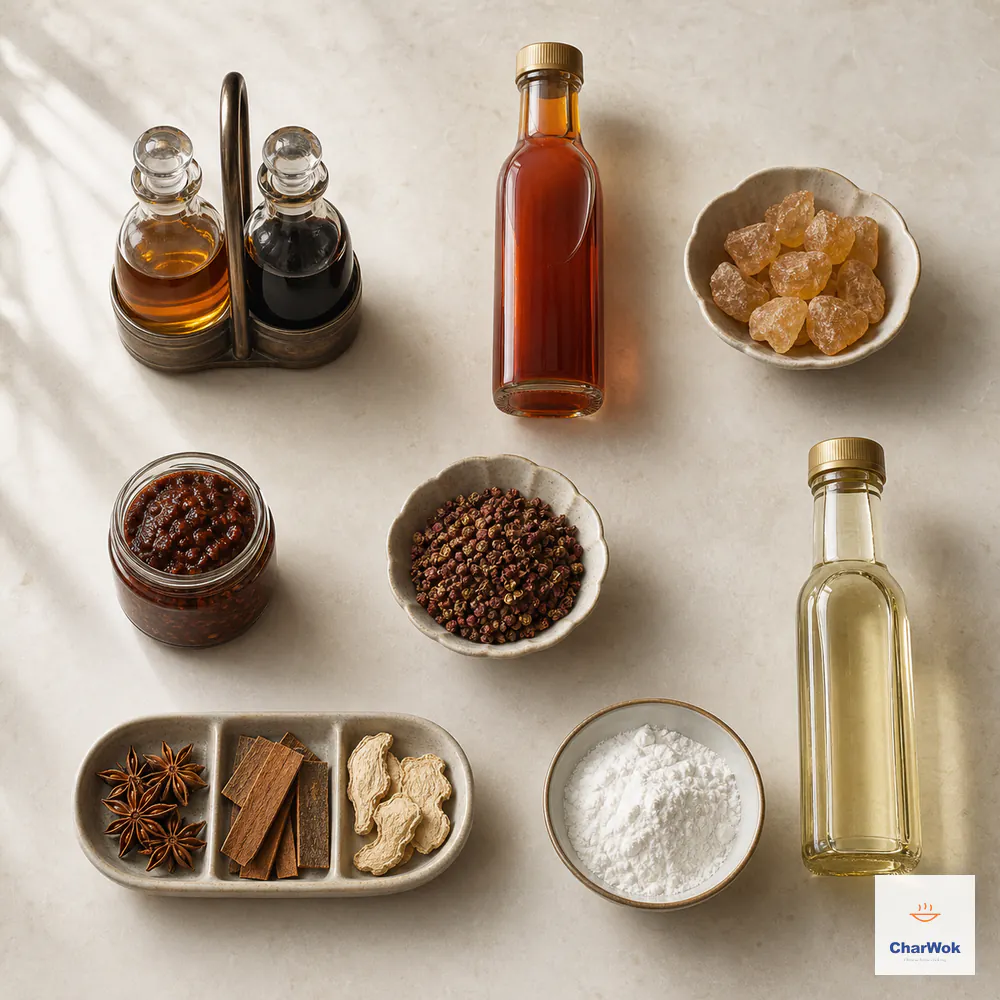 Light and dark soy sauce, Shaoxing wine, rock sugar, doubanjiang, whole Sichuan peppercorn, star anise with cassia and dried ginger, neutral oil, and cornstarch arranged separately