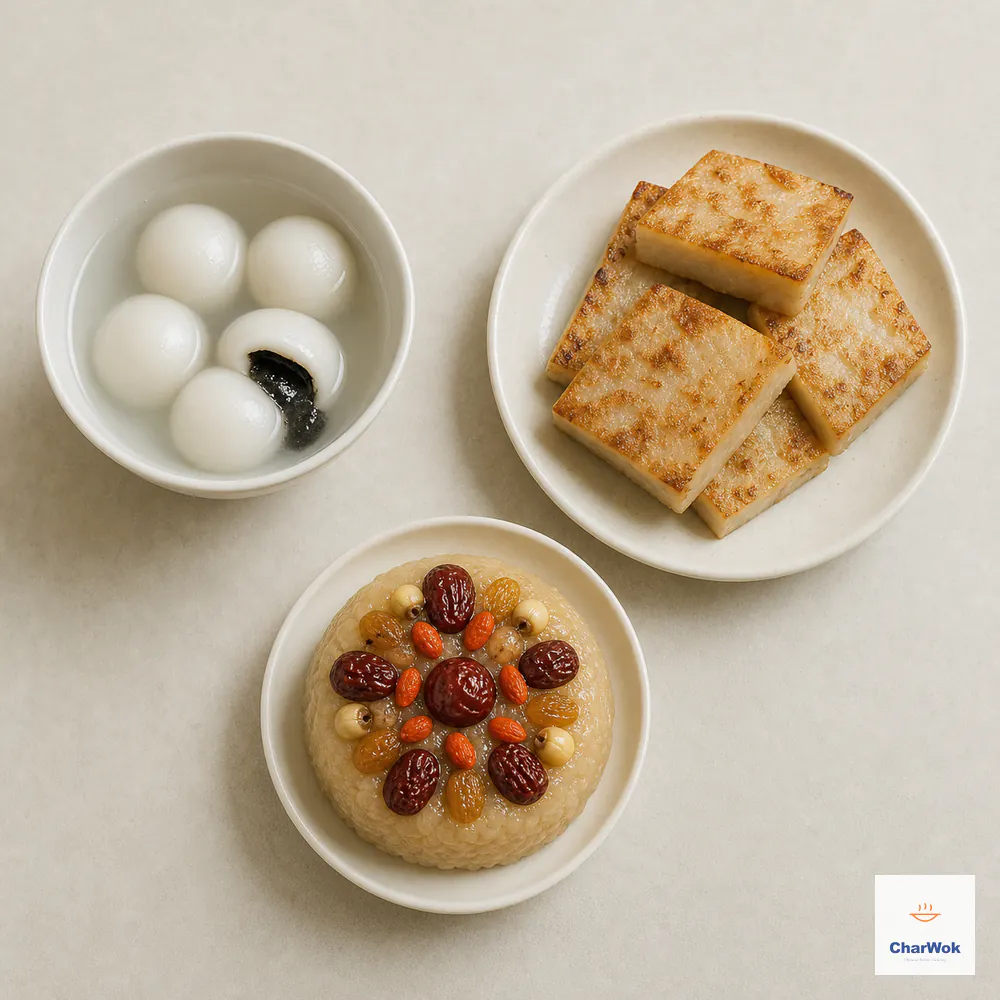 Three separate Chinese New Year desserts: white tang yuan with black sesame filling, golden pan-fried nian gao slices, and an inverted eight-treasure rice pudding