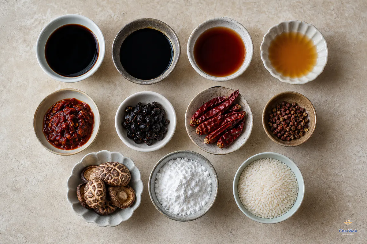 Chinese pantry staples arranged in bowls, including sauces, spices, mushrooms, starch and rice