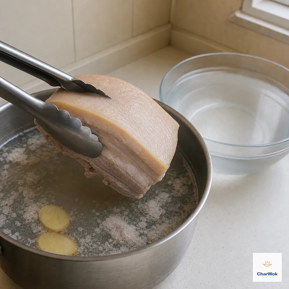 Metal tongs lift one pale skin-on pork-belly slab from gently simmering water with grey-white scum and two ginger slices toward a clean warm-water rinse bowl