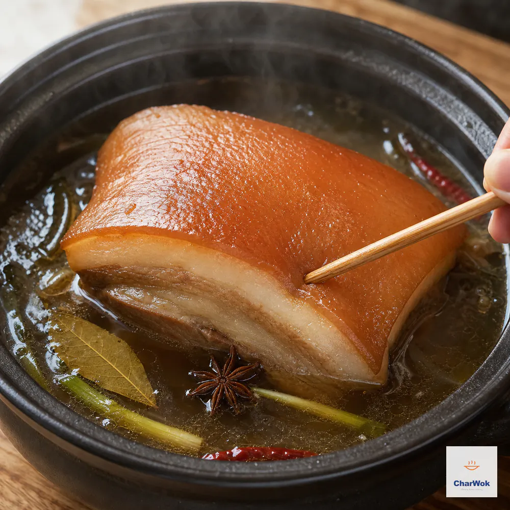 A wooden chopstick passes through the thickest part of one intact pork-belly slab in a gently bubbling clear amber braise, with translucent fat and tender meat
