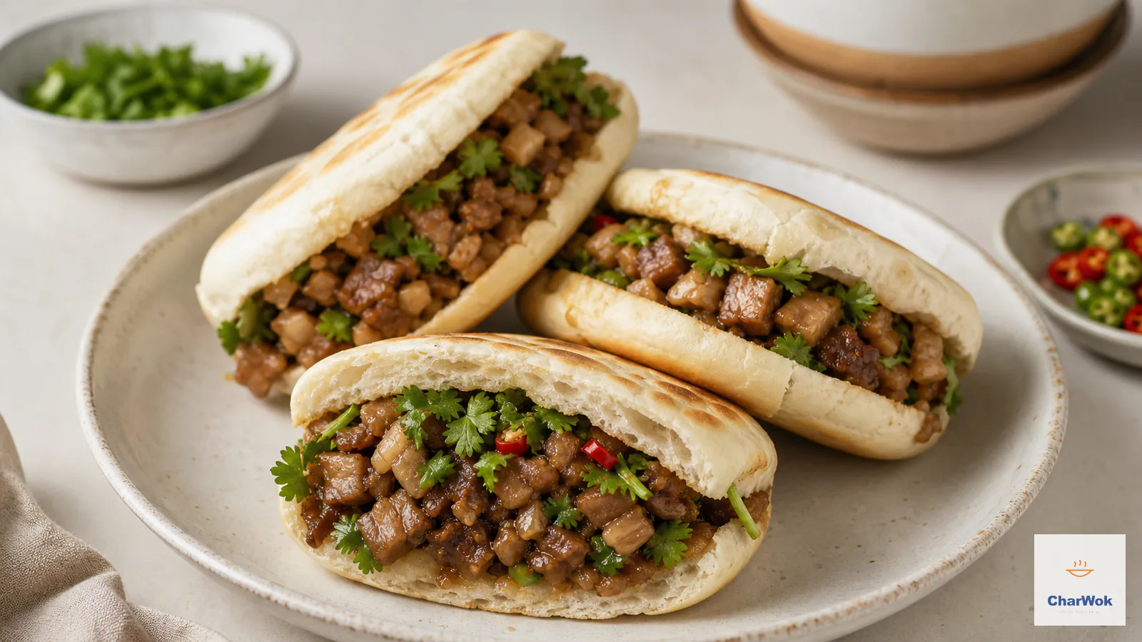 Dry-pan rou jia mo filled with juicy chopped pork belly, cilantro, and chili